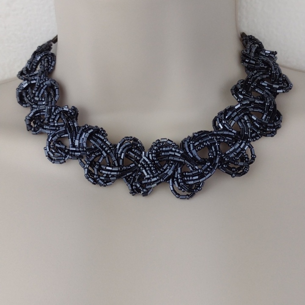 Black Luminescent Beaded Highly Crafted Weave Stretch Choker